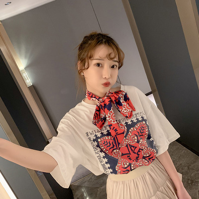 实拍 夏季2019新款宽松印花短袖圆领配丝巾百搭t恤