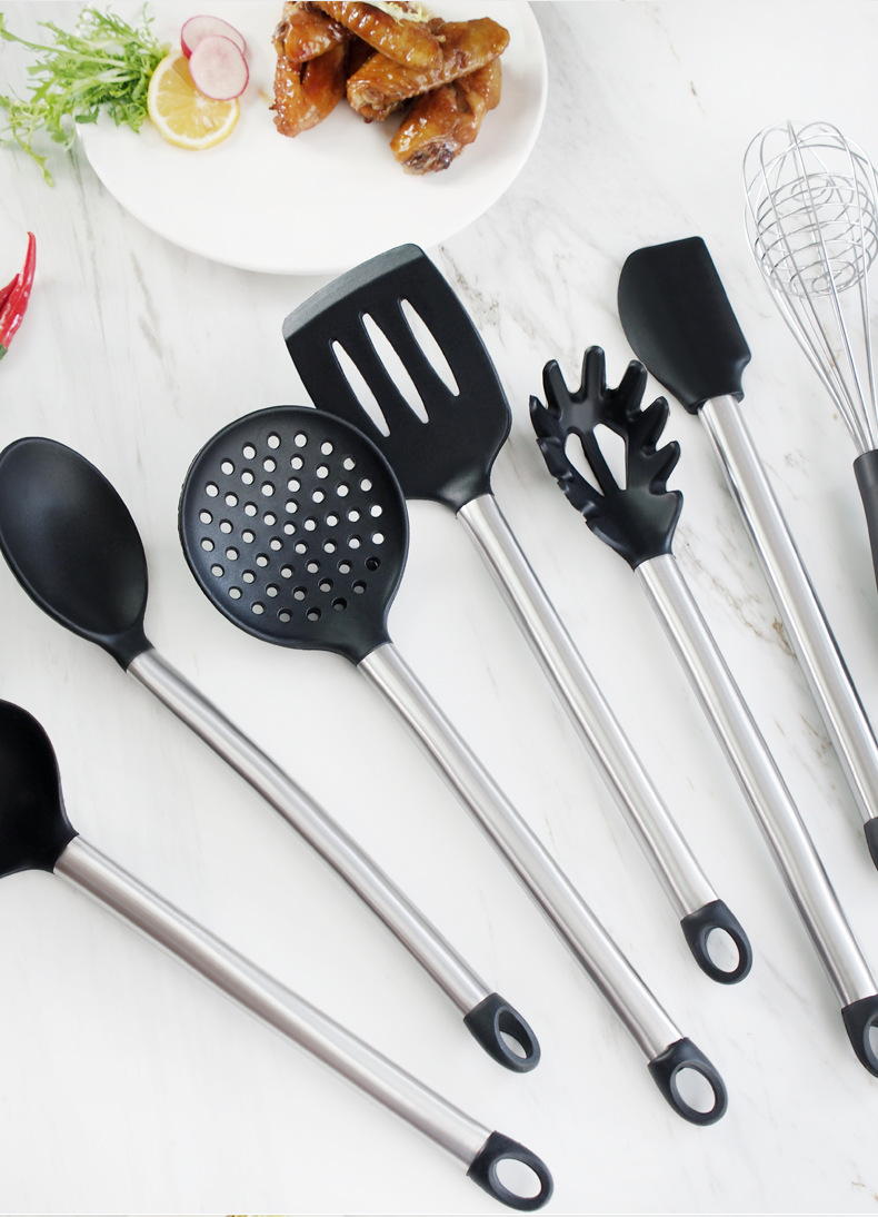新中式耐用不锈钢柄硅胶厨具8件套装硅胶锅铲意粉捞汤勺厨房用具