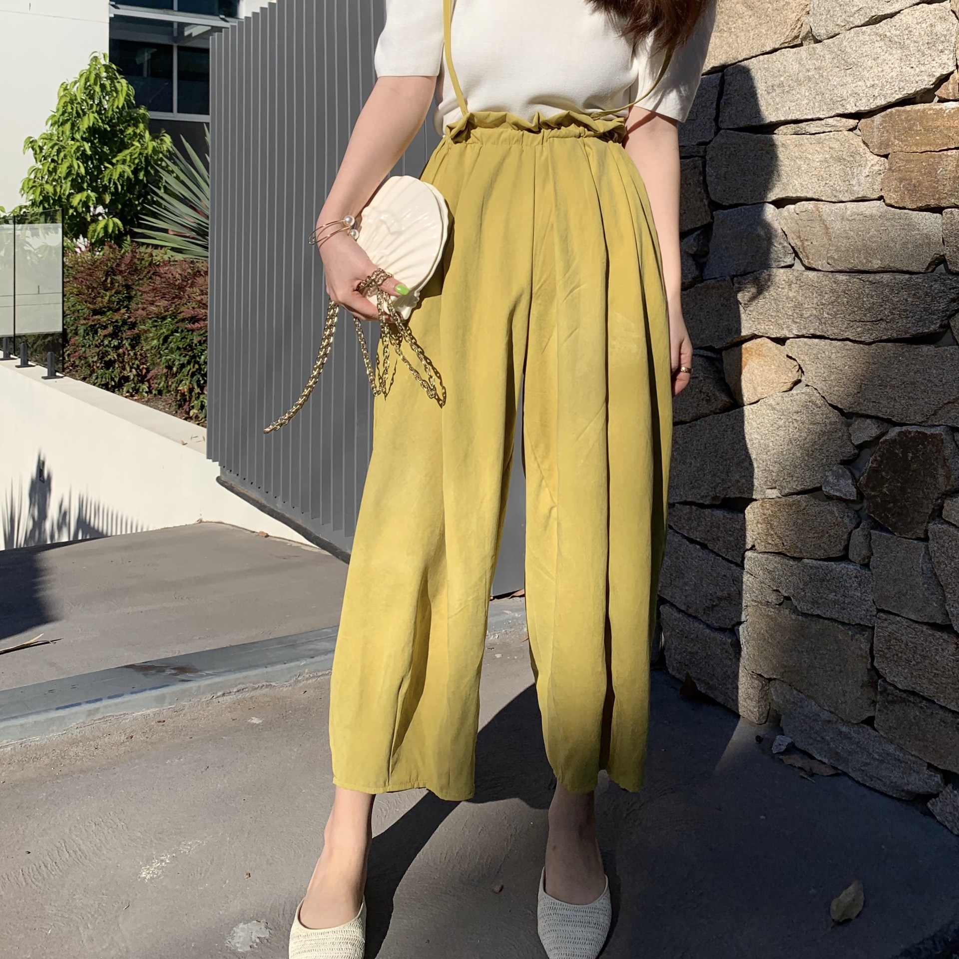 钱夫人薄款高腰花苞裤减龄吊带阔腿裤宽松九分休闲裤子