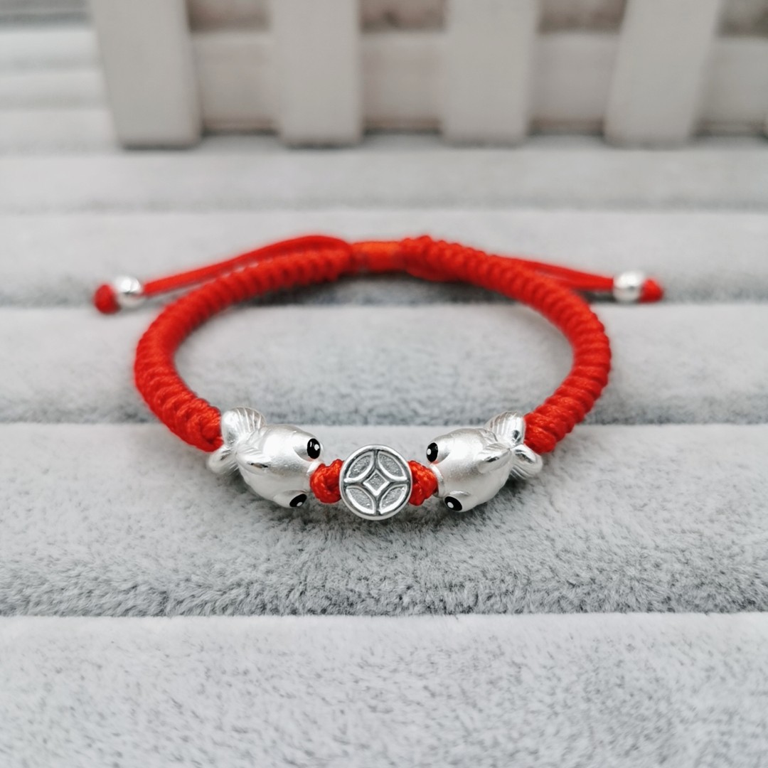 足银999波波鱼铜钱手工红绳手链本命年生日礼物一件代发