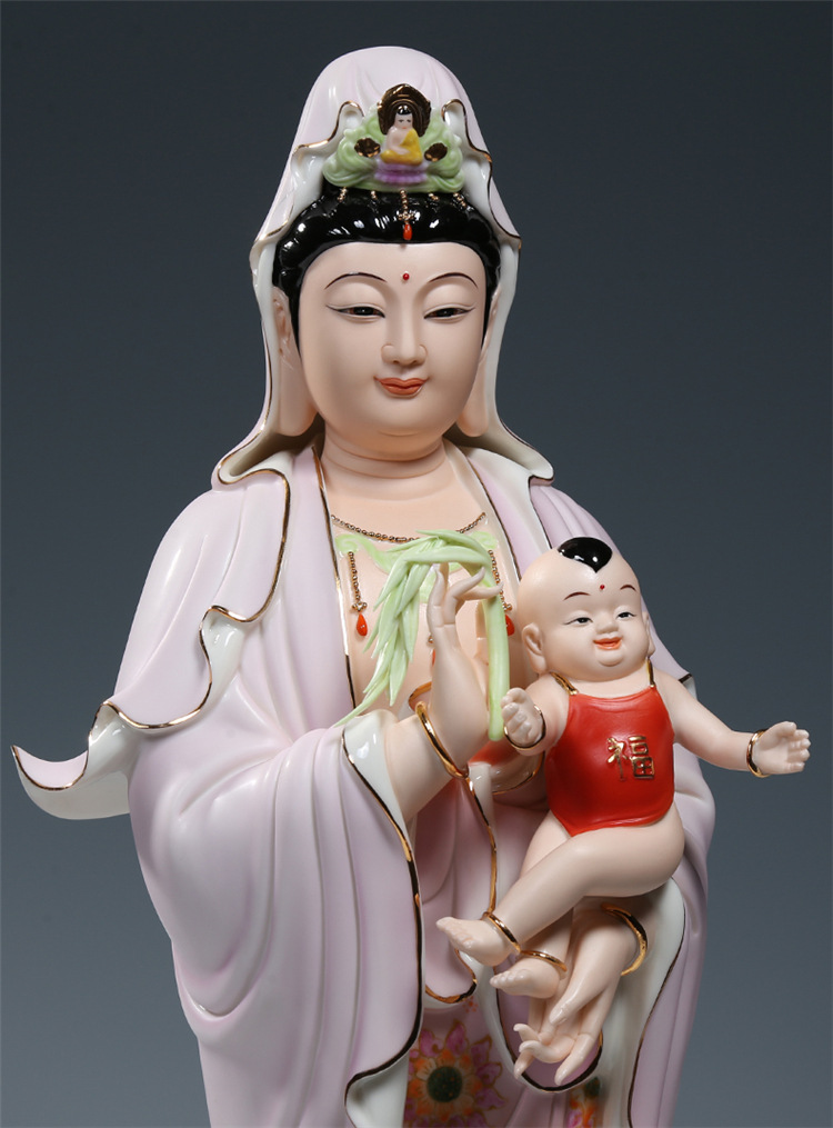 微美彩绘陶瓷21吋立莲送子观音佛像摆件家用供奉求子观世音菩萨