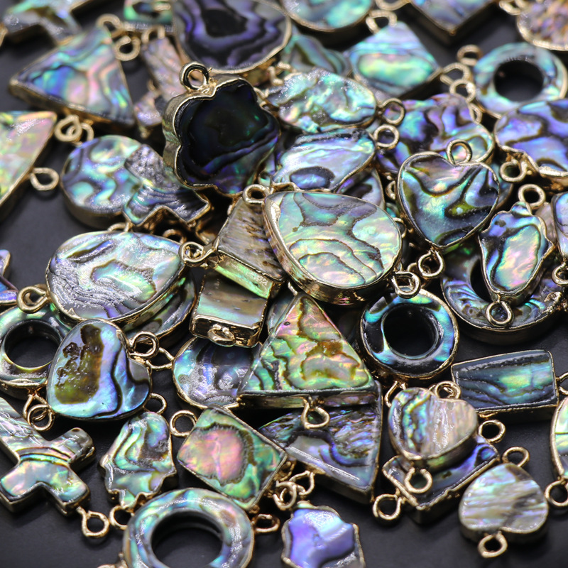 跨境热卖 彩贝鲍鱼贝吊坠爱心正方鎏金边 双耳扣diy项链耳环 手链