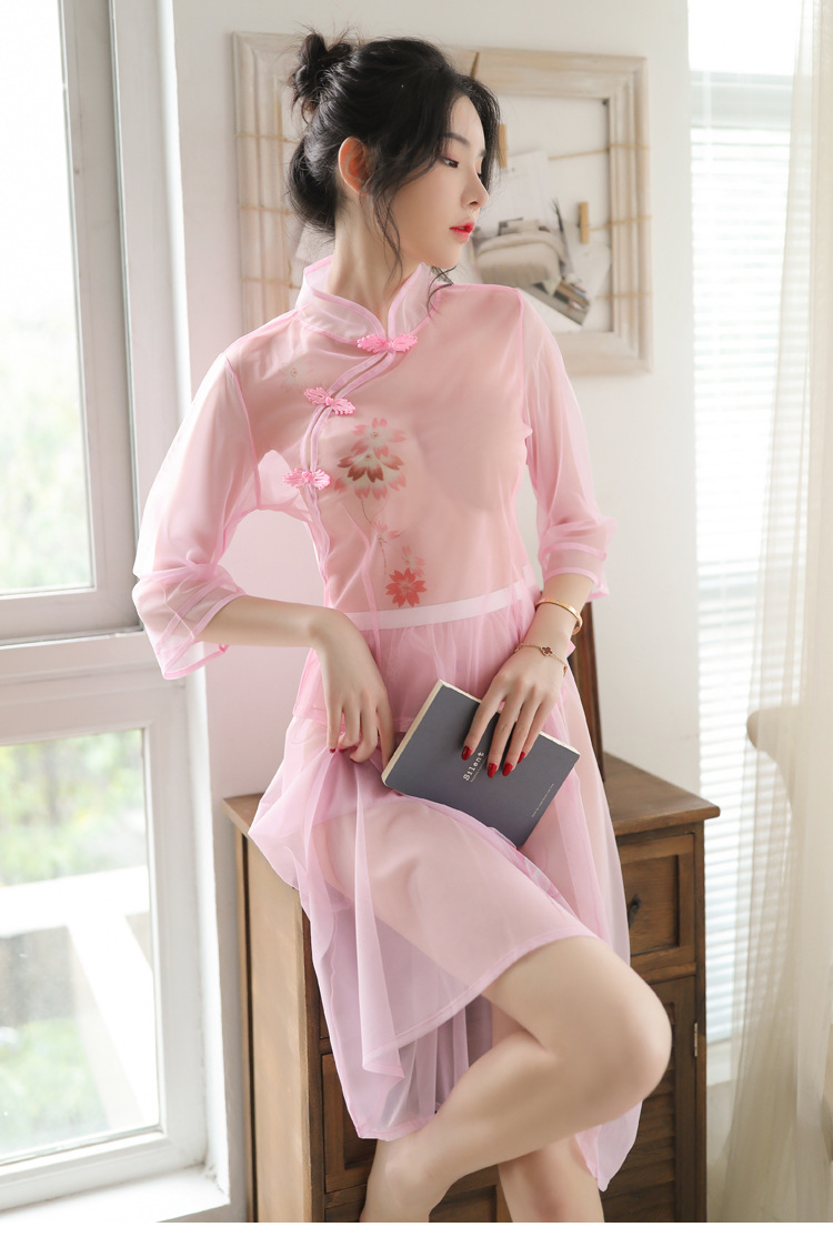 跨境情趣内衣性感网纱民国学生装 复古长裙刺绣旗袍风一件代发