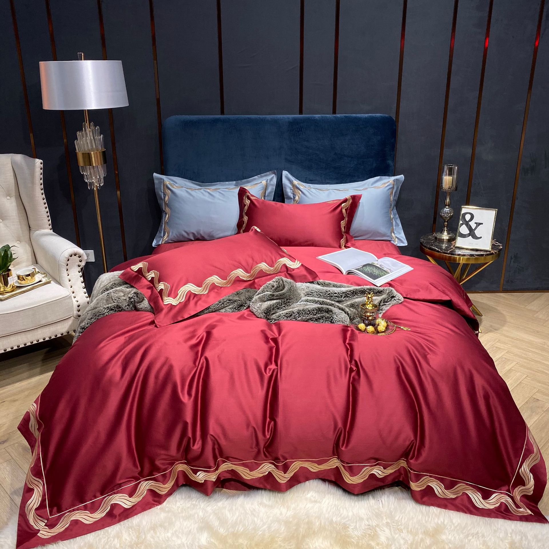 现代简约高端140支双股棉刺绣纯色四件套纯棉别墅样板房床上用品