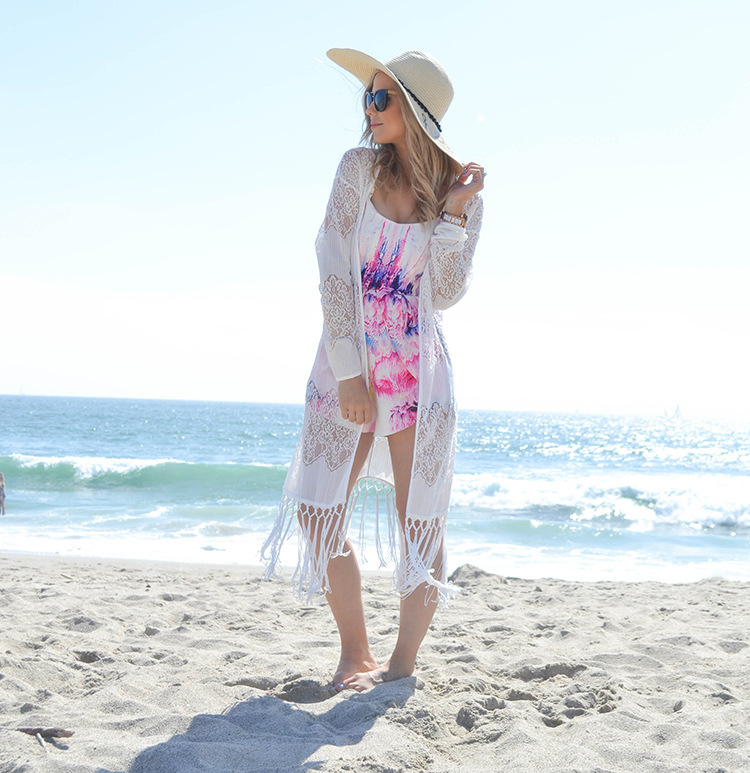 跨境欧美新款蕾丝绣花流苏长袖长裙沙滩裙度假裙比基尼泳衣罩衫女
