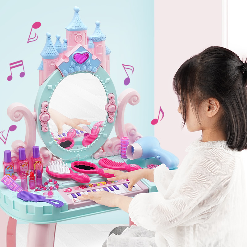 东南亚热卖女孩梳妆台套装公主化妆台小女童化妆盒儿童玩具吹风机