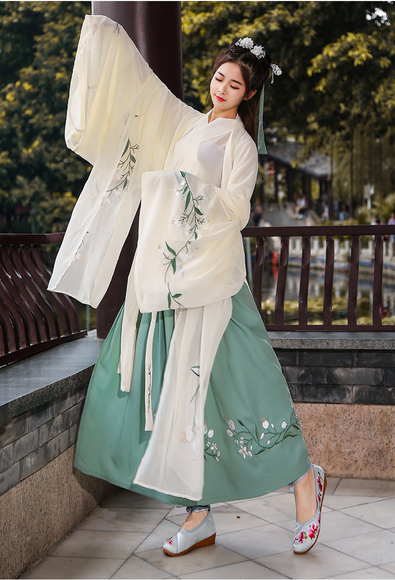 新款魏晋风汉服大袖交领襦裙广袖绣花春夏古装日常汉服女 改良成
