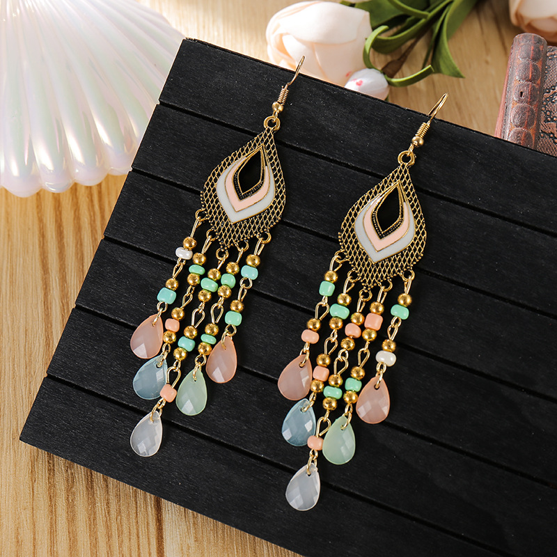 European and American New Hollow Water Drop Trendy Earrings Women's Ethnic Style Beads Earrings Retro Color Travel Holiday Accessories