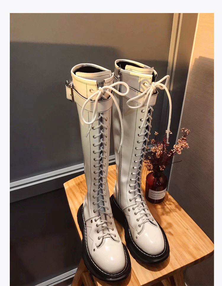 麦昆牛皮系带长筒靴女不过膝厚底圆头长靴侧拉链高筒骑士靴加绒冬