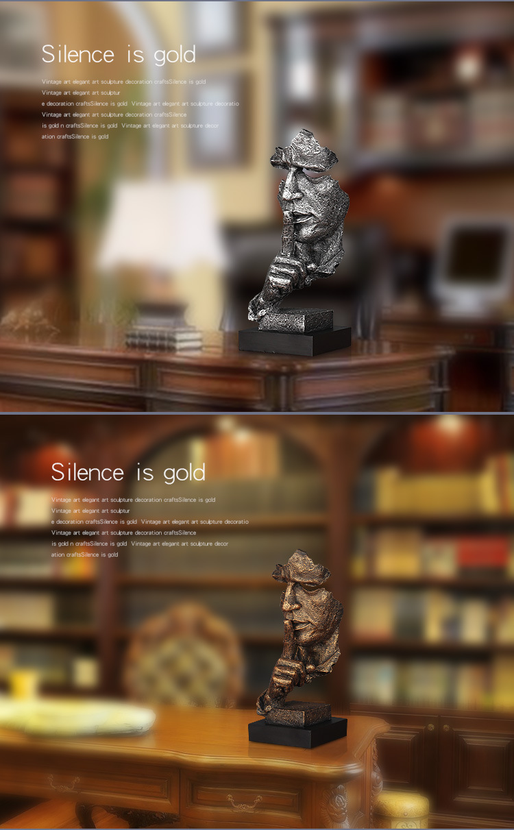 美式复古人物沉默是金摆件装饰品办公室桌面书房咖啡厅树脂工艺品