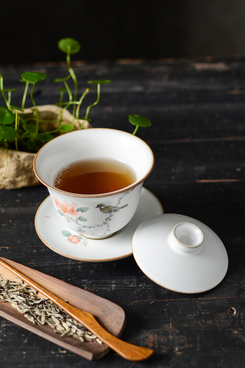 开片汝窑手绘花鸟盖碗茶杯套装陶瓷家用泡茶器茶壶功夫茶具整套