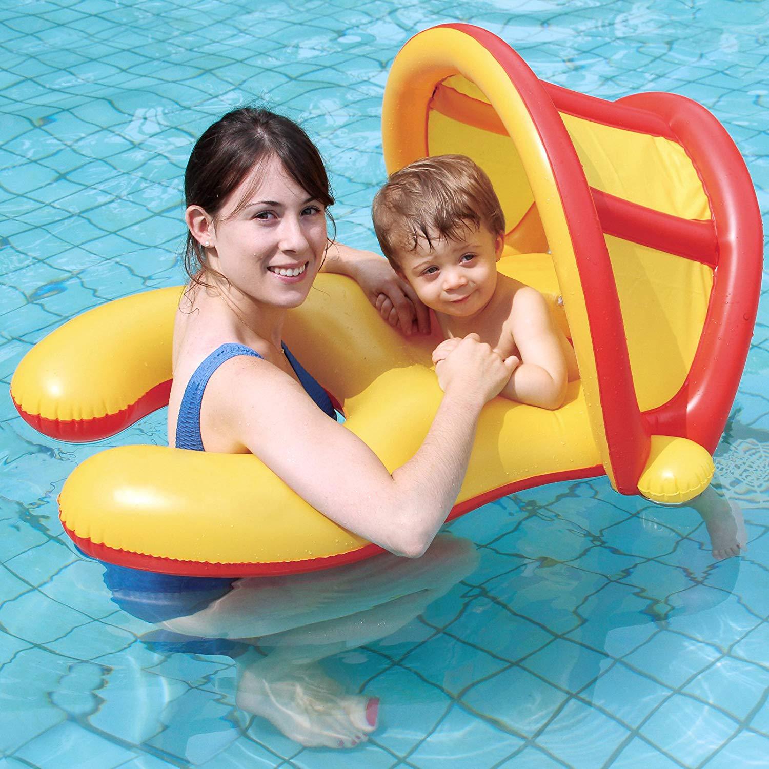 定制pvc充气亲子母子婴儿游泳圈双人带遮阳棚可拆卸座圈泳圈