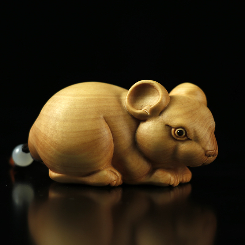 黄杨木雕十二生肖老鼠中式家居饰品金钱鼠本命年生财吉祥摆件把件
