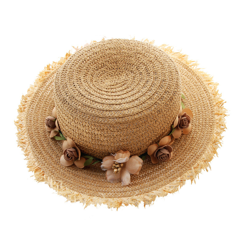 Straw Hat Women's Sun Hat Sun Protection Outdoor Garland Flat Top Hat Travel Seaside Beach Hat Foldable