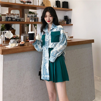 网红套装女2019超火约会小清新轻熟风女装chic两件套早秋长袖衬衫