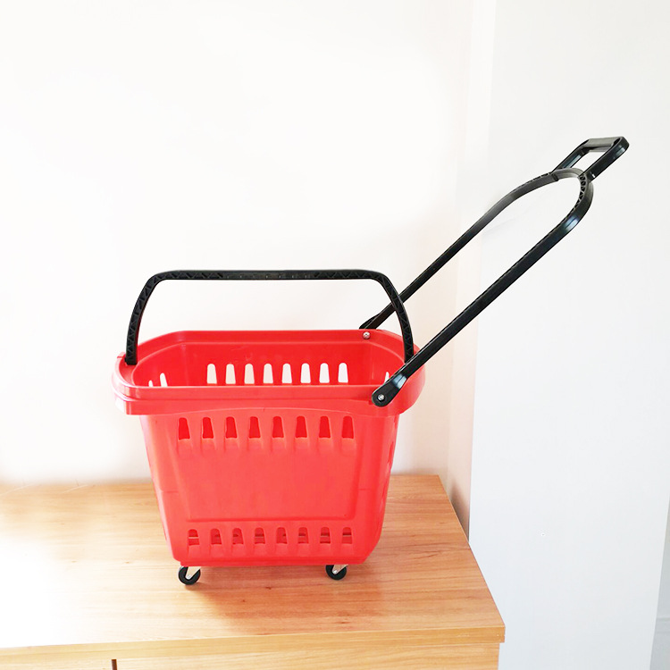 新款小四轮手推车编织pp购物篮超市定制标识