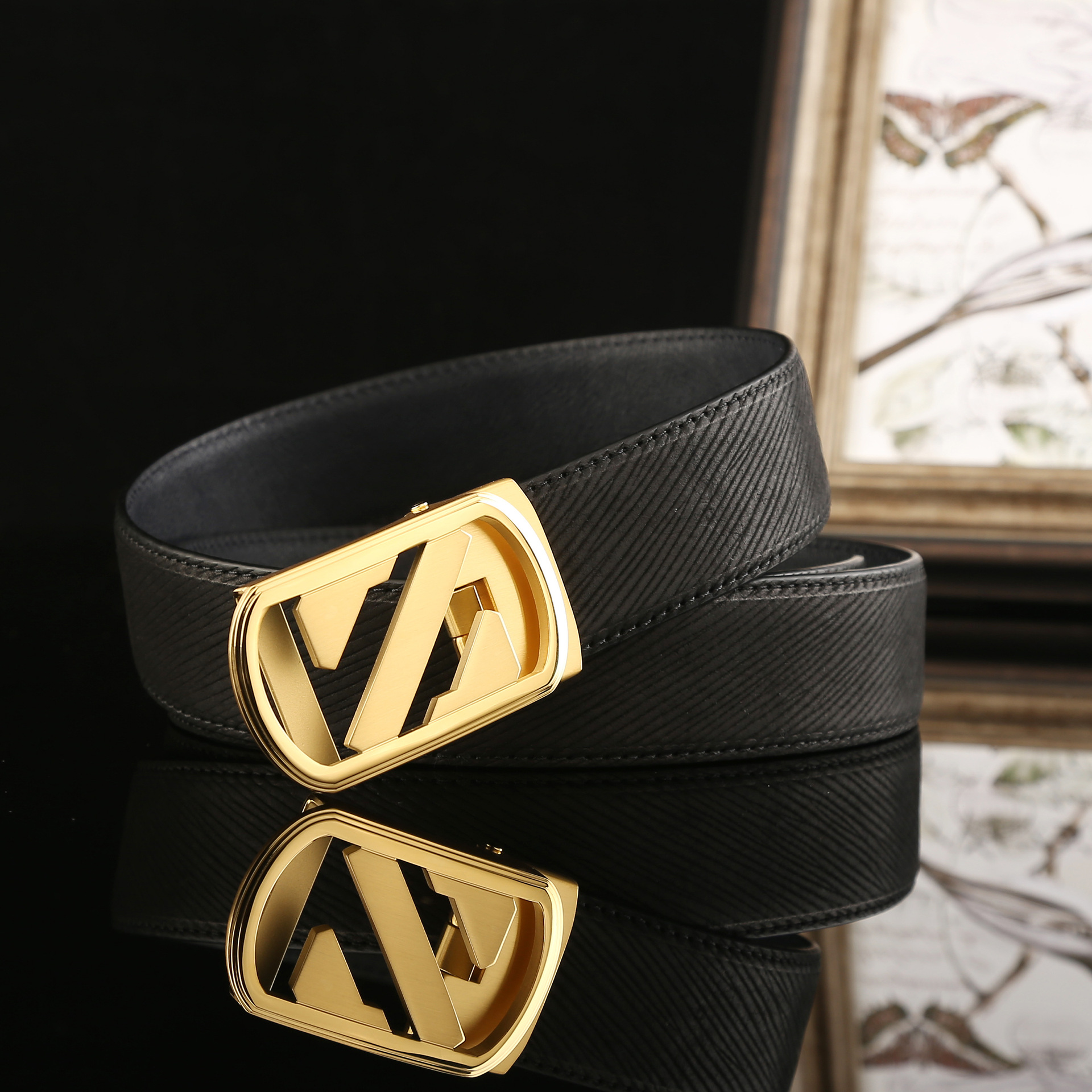 5男士不锈钢自动扣皮带 黑色头层水波纹牛皮腰带 高档真皮皮带