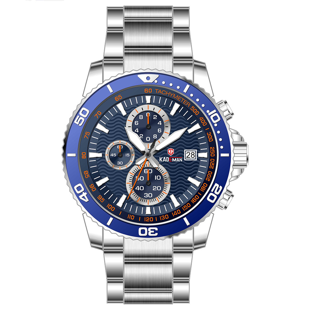 kademan卡德曼男士手表真皮表带多功能三眼运动防水石英手表861