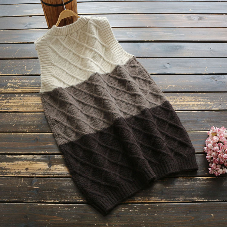 6708新款秋季女装文艺复古三色针织拼接中长款v领毛衣背心上衣