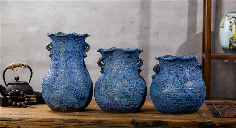 双耳泡泡釉蓝色陶罐 复古气泡田园风景德镇陶瓷花瓶工艺品坛子罐