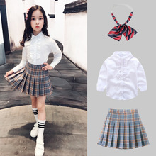 一件起批女童全棉白衬衫套装儿童格子百褶短裙春秋班服校服套装