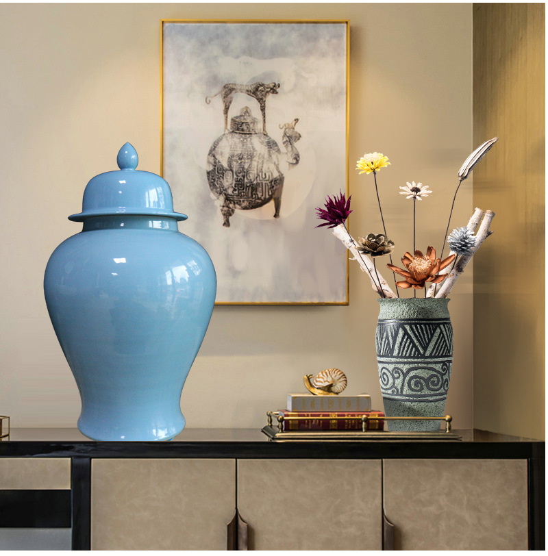 景德镇创意陶瓷将军罐大家用落地花瓶陶瓷大储物罐蓝色罐厂家批发
