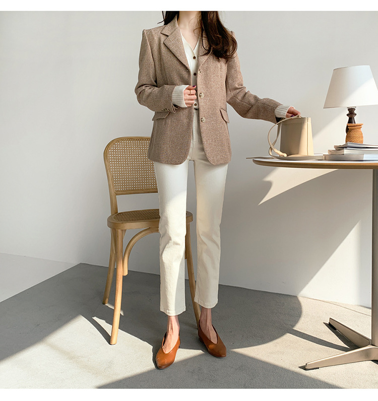 米白杏色牛仔裤女高腰弹力2020夏季宽松显瘦简约ol风直筒九分薄款