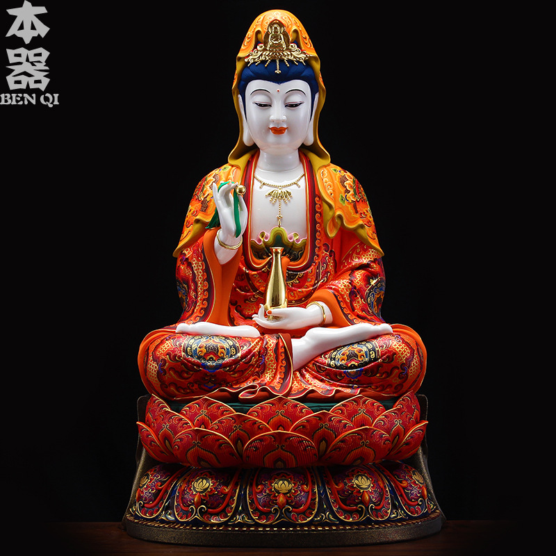 陶瓷唐彩极彩佛像文殊菩萨观音佛像家用供奉佛像摆件稀器地藏王菩萨佛