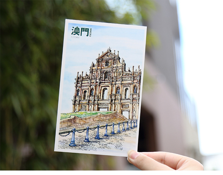 手绘明信片 澳门 旅游纪念原创风景大三巴牌坊10张入