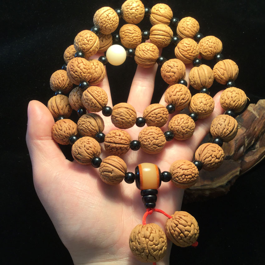 天然打磨野山桃核佛珠手串36颗 苹果圆密纹桃核手链 文玩桃核