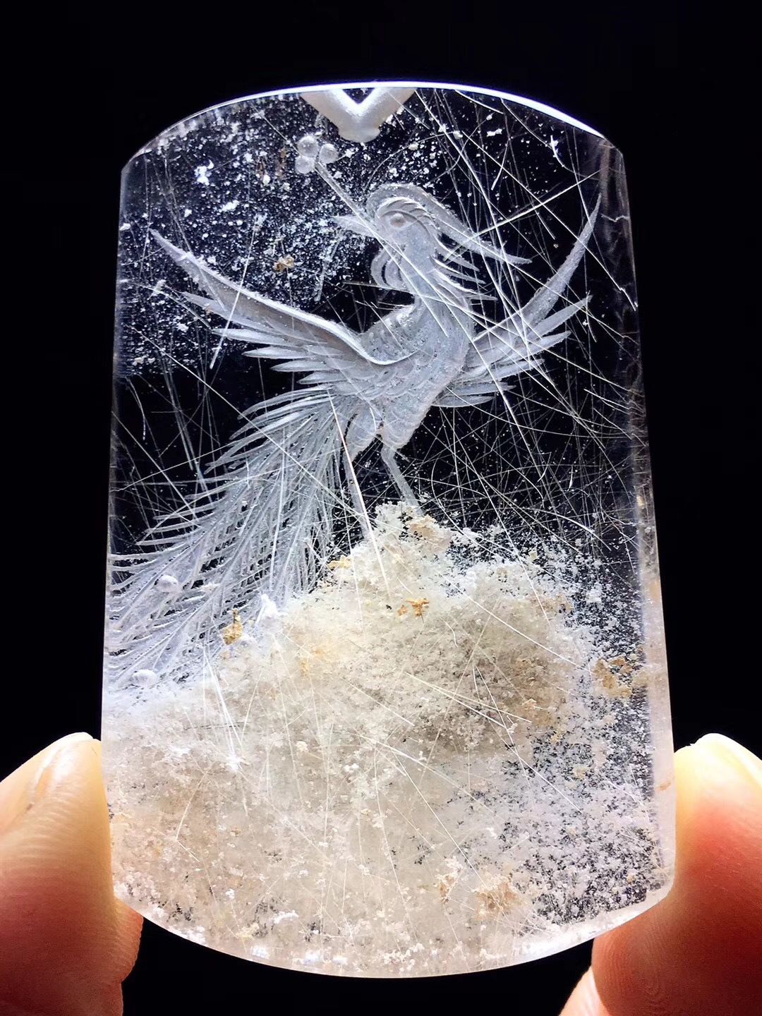 天然水晶发钛晶花金凤凰吊坠 发丝金黄顺发发晶花凤凰水晶吊坠