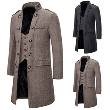 跨境新款欧码男装呢子大衣欧美牛仔风长款型男假两件合体风衣外套
