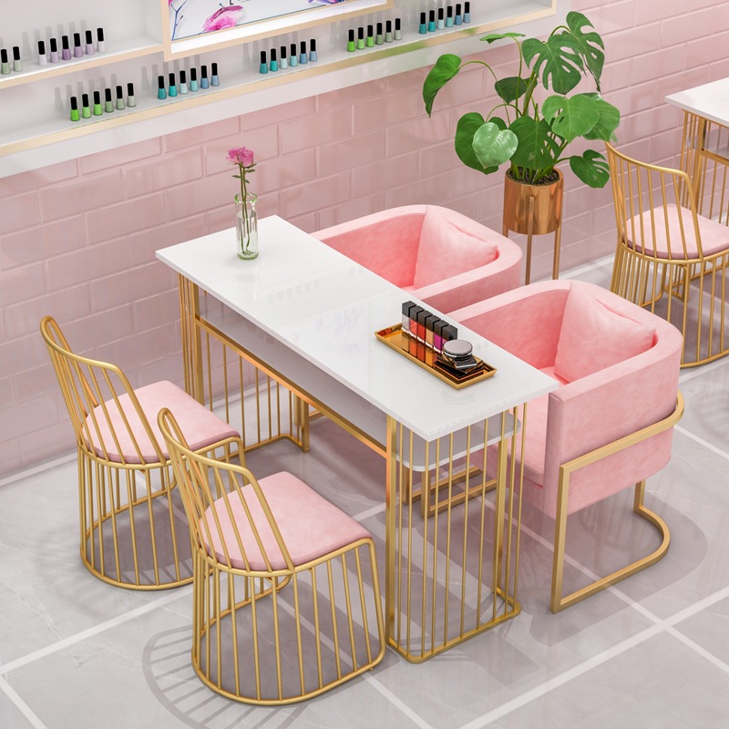 北欧大理石美甲桌 简约ins美甲店单双人金色美甲台轻奢双层修甲桌