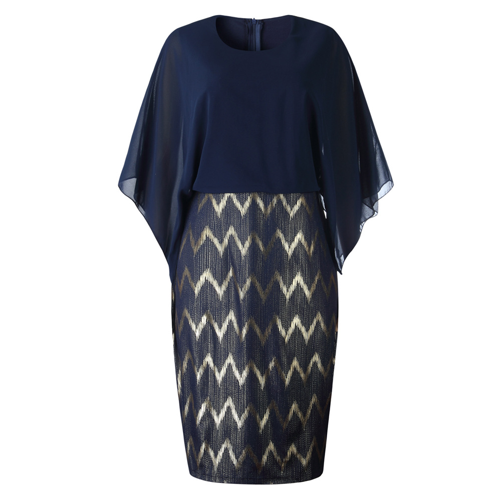 非洲服饰波浪烫金拼接蝙蝠袖通勤大码连衣裙