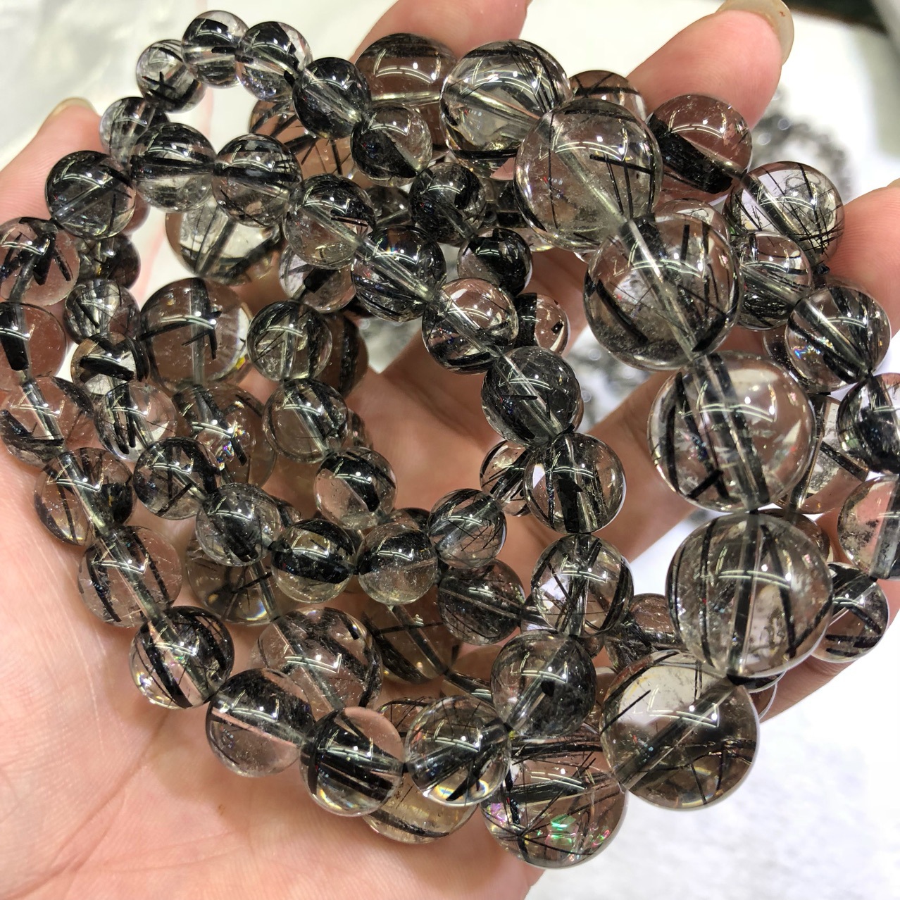 厂家直销天然黑发水晶手链新品发丝粗晶体通透黑发手串水晶批发