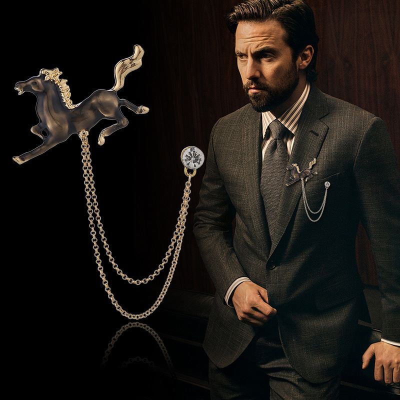 欧美新款 骏马别针流苏胸针 男士西装配饰英伦外套别针胸花现货