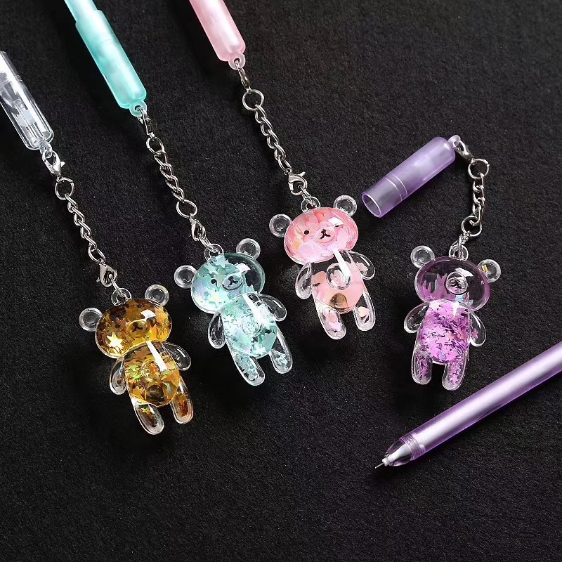韩国文具创意水晶流沙入油小熊造型中性笔卡通吊坠挂件学生签字笔