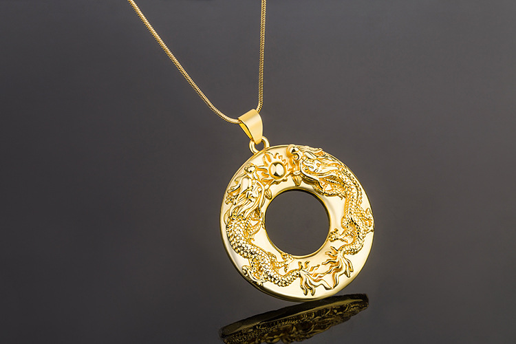 越南镀金饰品黄铜镀金双龙戏珠吊坠圆形龙吊牌男士霸气项坠批发