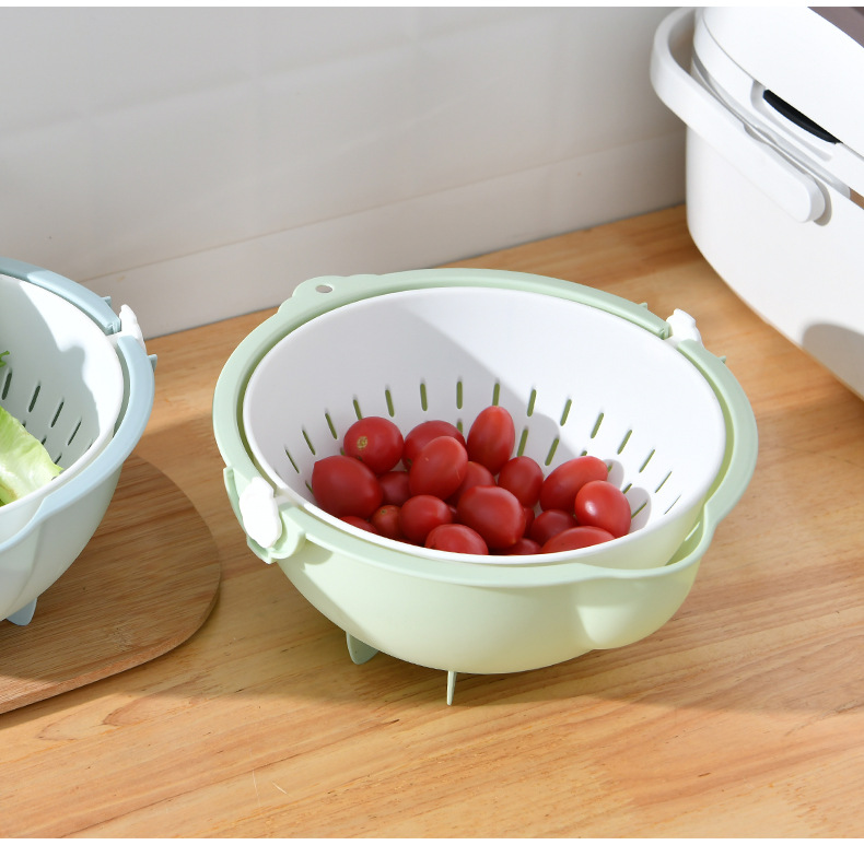 双层旋转沥水篮 多功能家用洗米筛 创意厨房收纳洗菜盆塑料水果篮