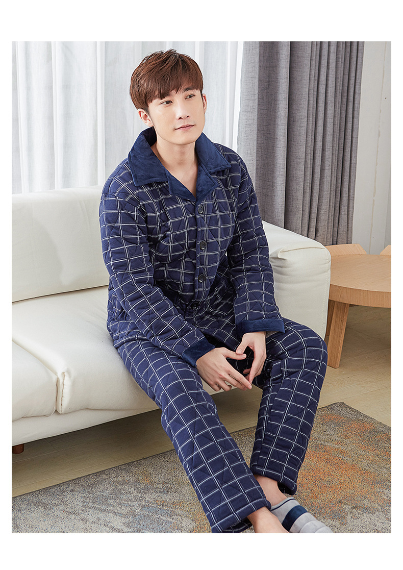 冬季加厚棉睡衣男纯棉三层夹棉青年棉衣大码加棉男中年家居服棉袄