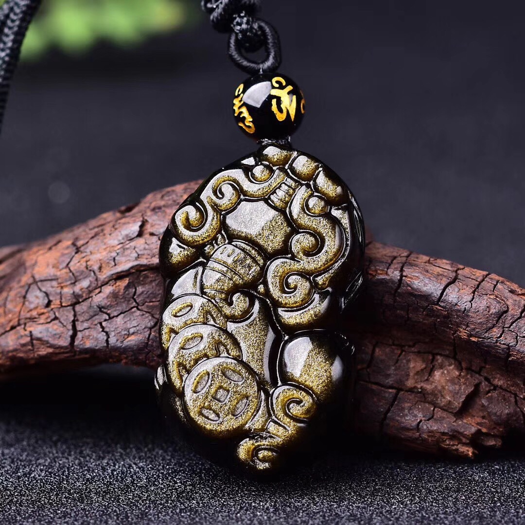 厂家批发 天然金曜石背三钱貔貅吊坠 黑曜石金曜石三钱貔貅项链