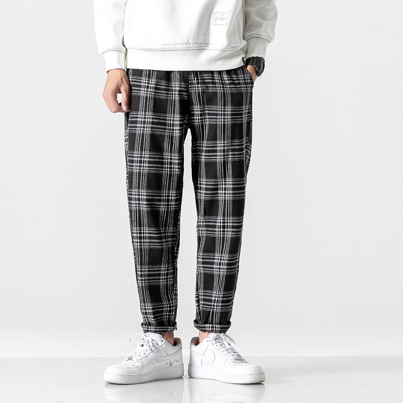 秋冬季格子裤韩版潮流修身裤子男士条纹格子休闲裤小脚长裤男裤子