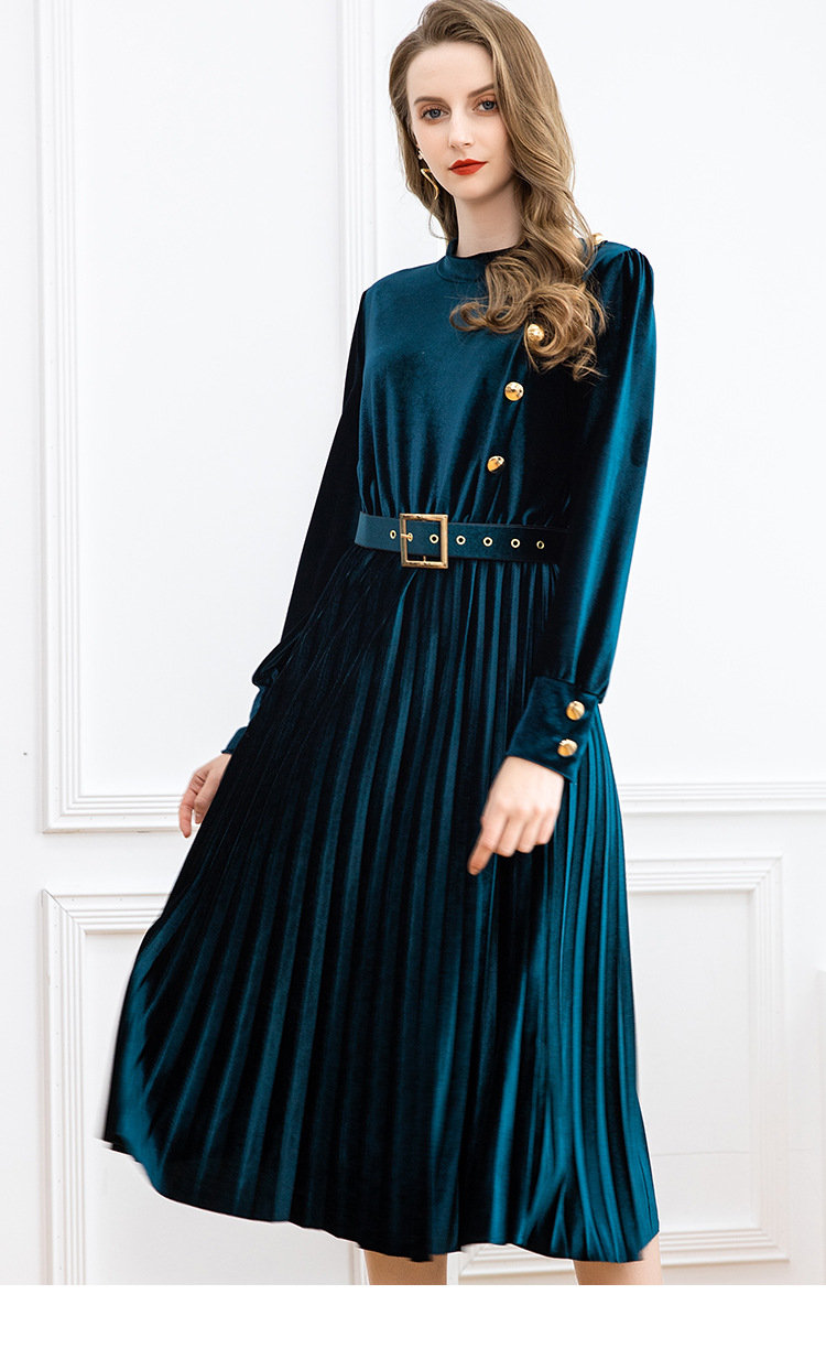 2020春季新款优雅金丝绒百褶连衣裙收腰显瘦中长款优雅大摆裙女
