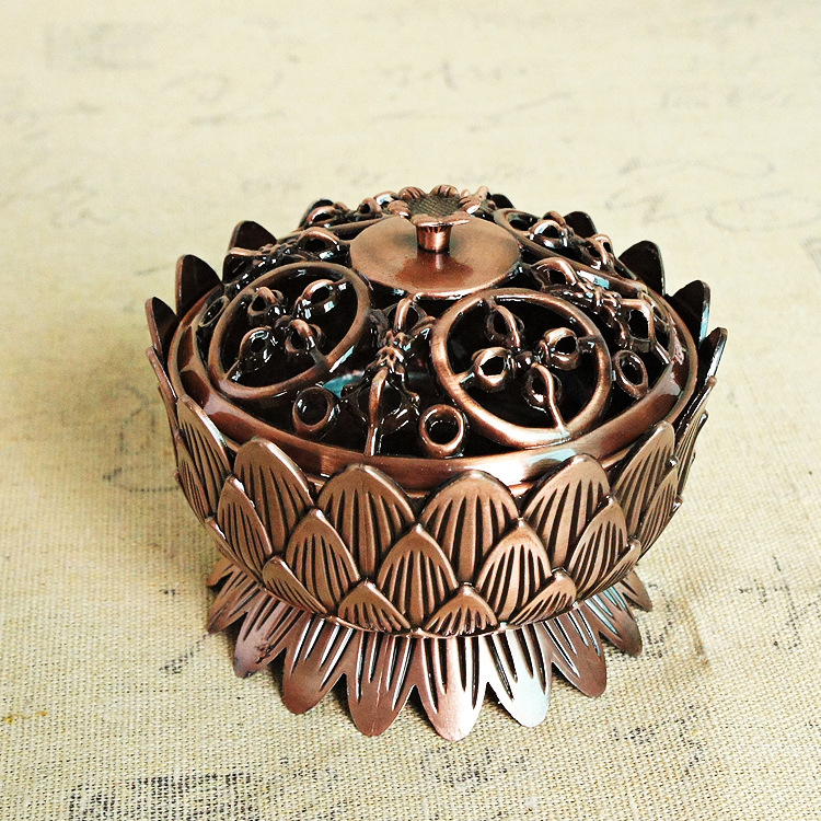 藏式合金八吉祥莲花佛堂供具塔双层莲花法器香炉合金莲花香炉