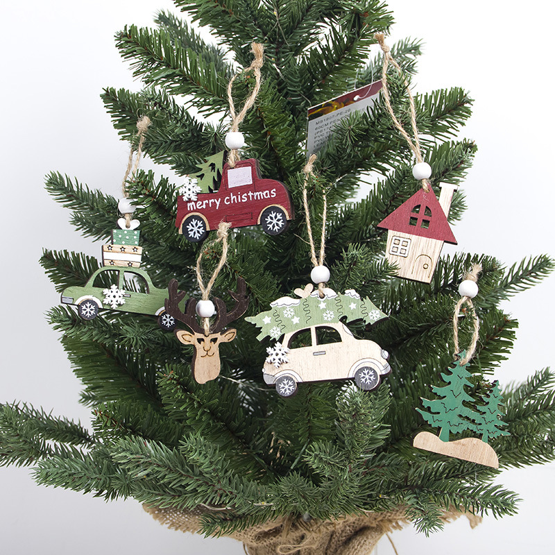 Popular Christmas Wooden Decorative Pendant Creative Christmas Car Deer Christmas Tree Decorative Pendant 3 Pack