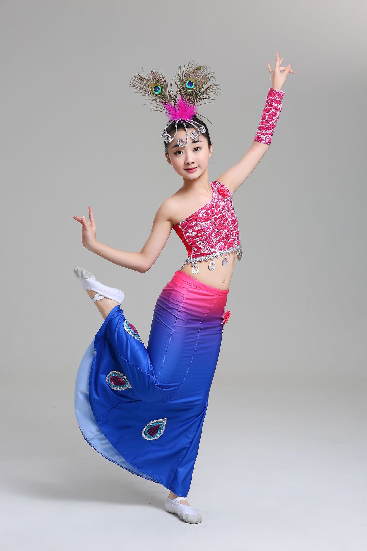 傣族儿童舞蹈服孔雀舞演出服弹力渐变包臀鱼尾裙艺考练功服傣族女