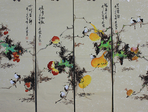 纯手绘花鸟国画客厅走廊画廊装饰画四条屏花鸟画批发一件代发