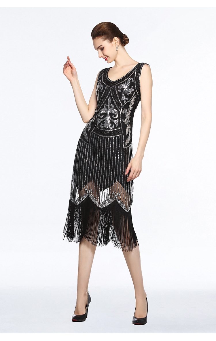 1920复古亮片礼服裙钉珠流苏连衣裙亚马逊性感修身宴会欧美小礼服