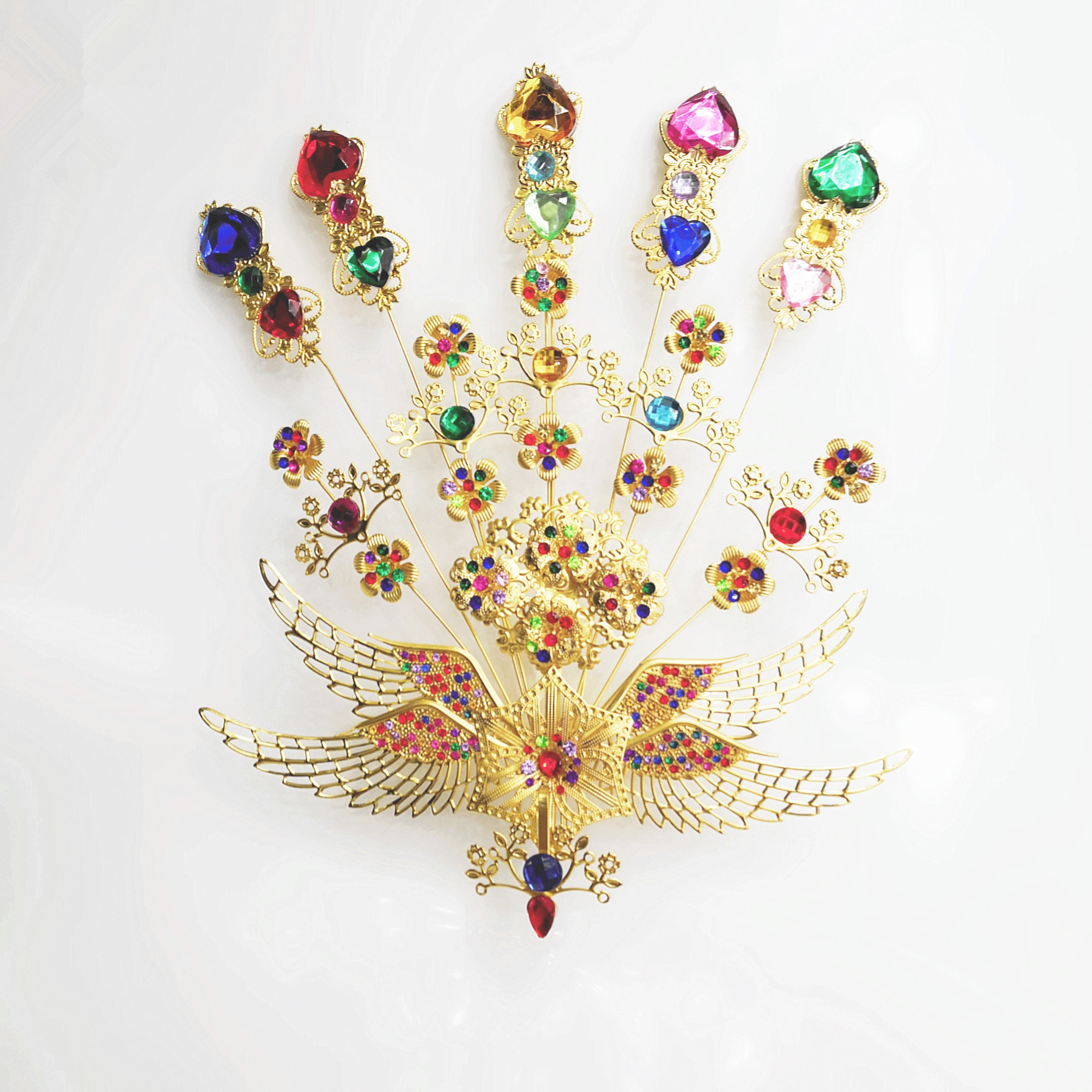 七彩金色孔雀凤冠舞台古装发饰中式新娘苏发梳头冠宫廷复古贵妃冠