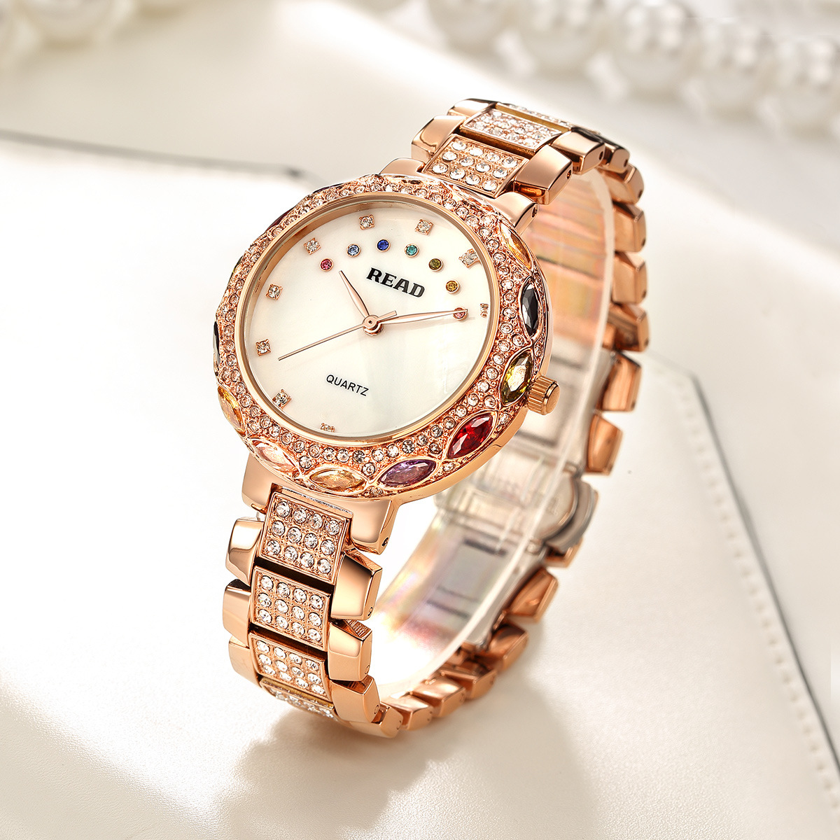 锐力r20008 时尚金壳防水石英钢带网红手表女